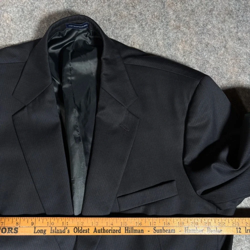 Stafford Signature Pinstripe Blazer Mens 46S Navy 2 Button Wool Jacket HOLE READ